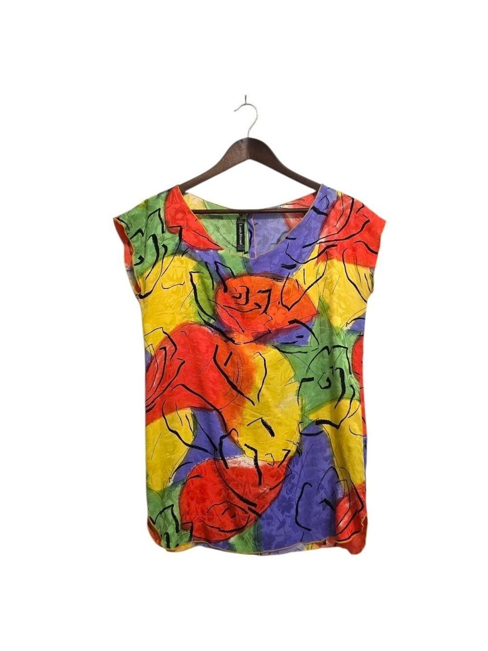 Louis Feraud Vintage Abstract Colorful Silk Cap Sleeve Blouse Sz 8
